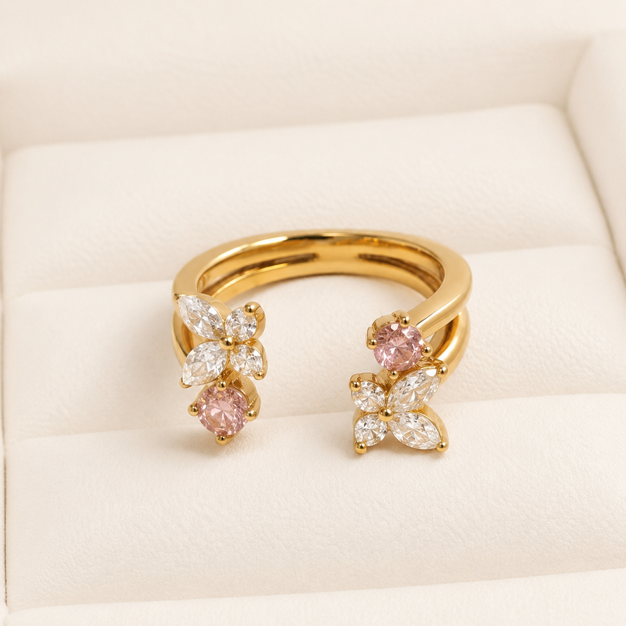 Anillo Flores de Luz dorado con flores de circonita