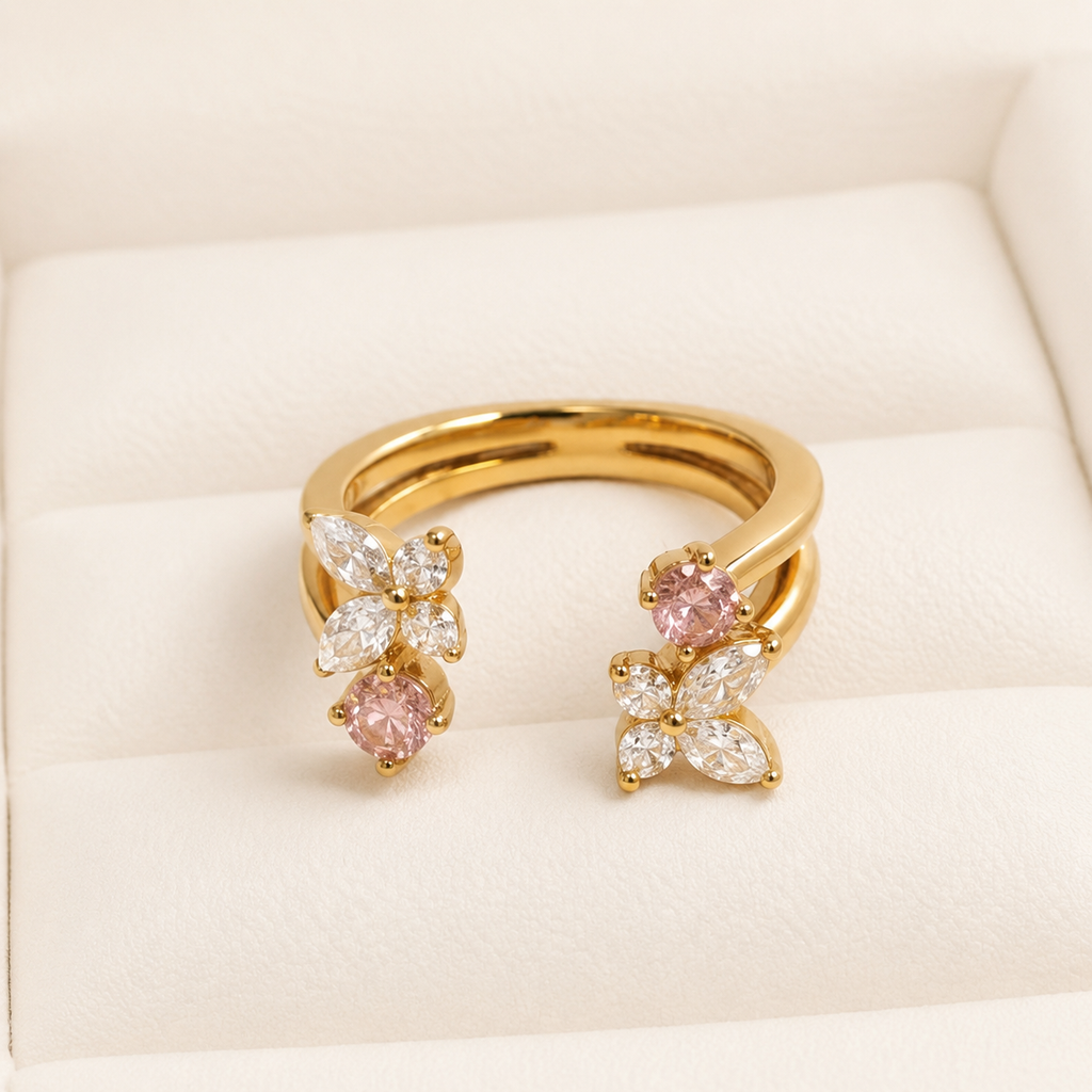 Anillo Flores de Luz dorado con flores de circonita